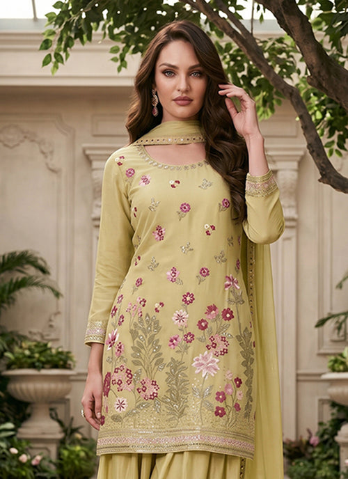 Green Floral Embroidered Gharara Suit for Women
