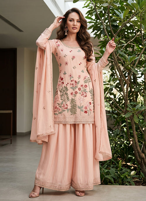 Peach Floral Embroidery Gharara Suit