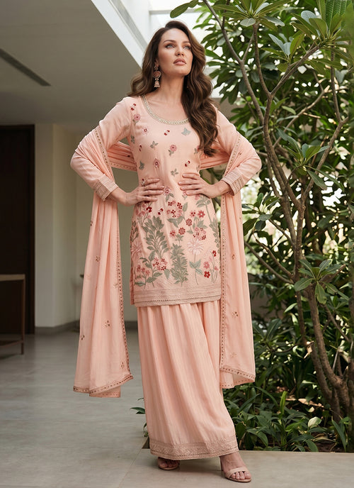 Floral Embroidery Peach Gharara Suit for Festive Wear