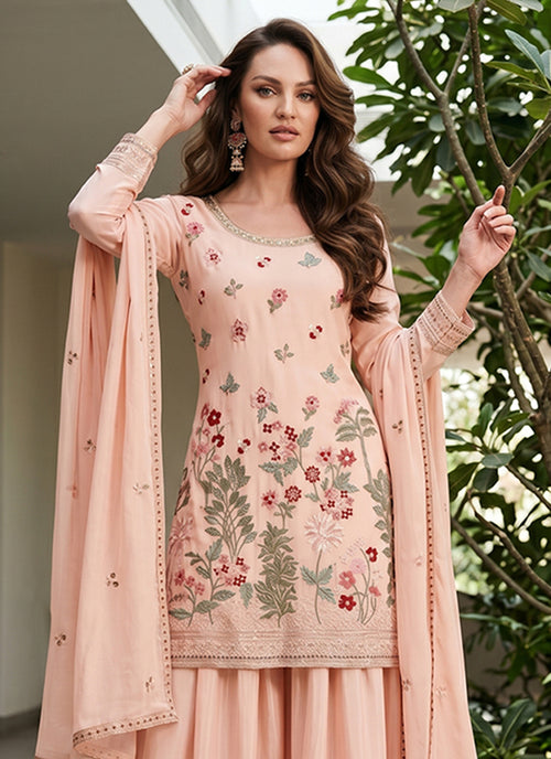 Elegant Peach Gharara Suit with Floral Embroidery