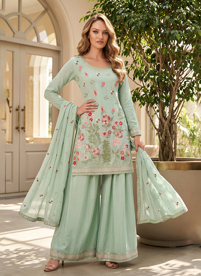 Mint Green Floral Embroidery Gharara Suit