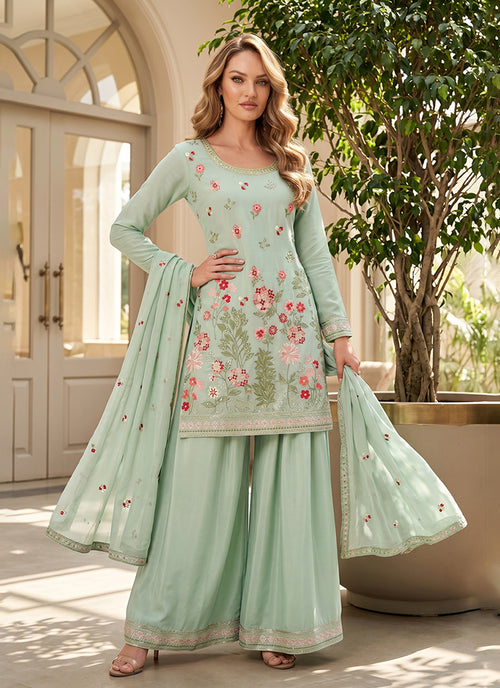 Mint Green Floral Embroidery Gharara Suit