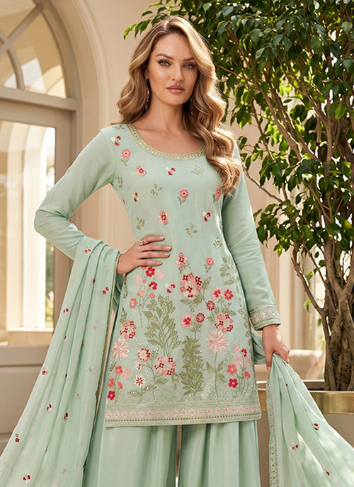 Mint Green Indian Gharara Suit with Elegant Floral Embroidery