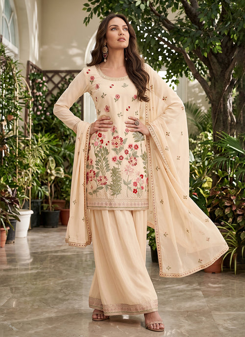 Women’s Beige Floral Embroidered Party Wear Gharara Suit