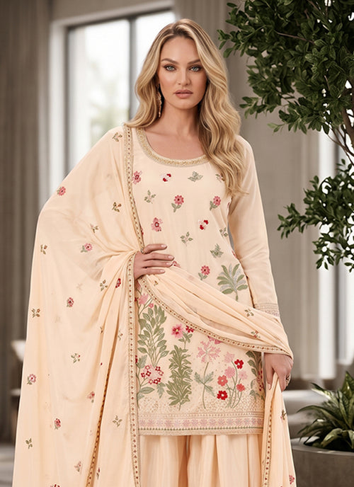 Beige Festive Gharara Suit Featuring Floral Embroidery