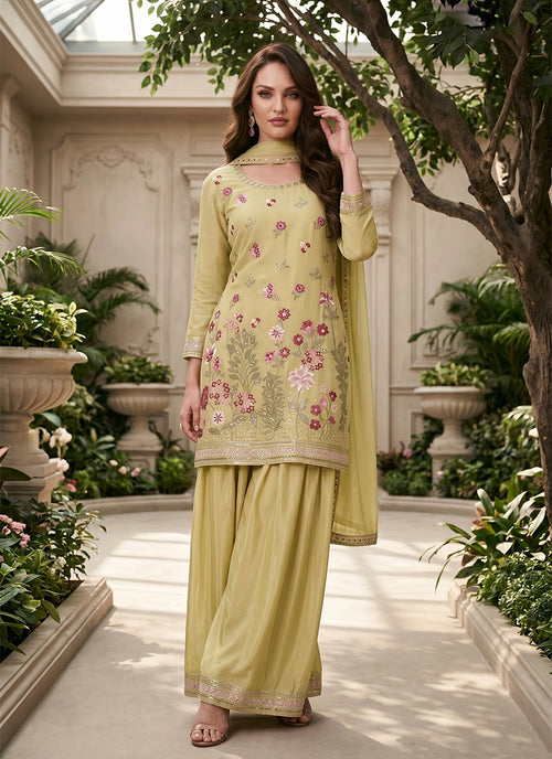Floral Embroidery Lime Green Gharara Suit for Festive Wear