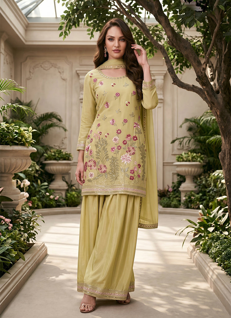 Floral Embroidery Lime Green Gharara Suit for Festive Wear