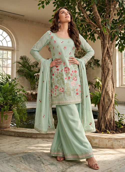 Stylish Mint Green Floral Embroidery Gharara Set for Women