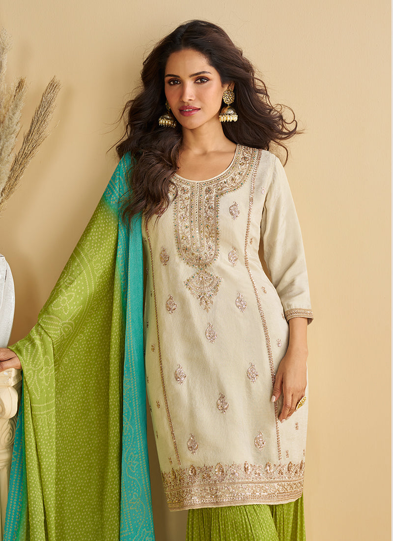 Buy Off White And Green Trendy Gharara Suits Online 