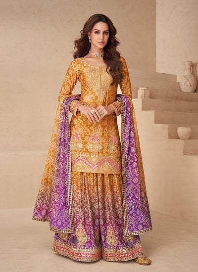 Yellow And Purple Cording Embroidery Gharara Suit