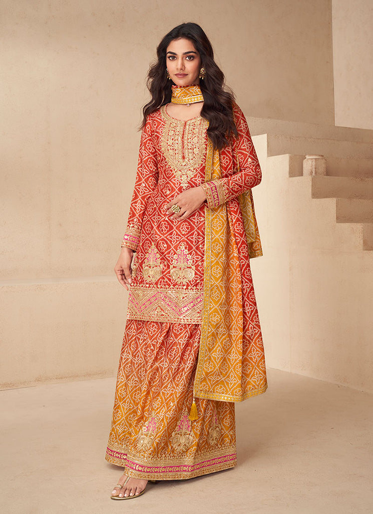 Red And Yellow Cording Embroidery Gharara Suit