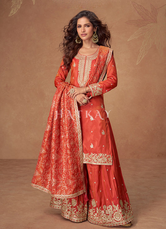 Shop Orange Red Gharara Style Suit