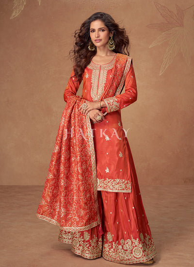 Shop Orange Red Gharara Style Suit