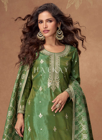 Emerald Green Reshamkari Embroidery Gharara Style Suit