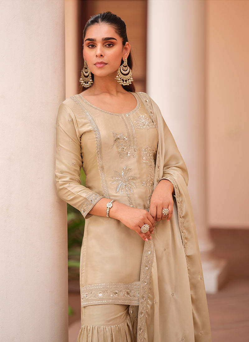 Buy Beige Gharara Suit In USA