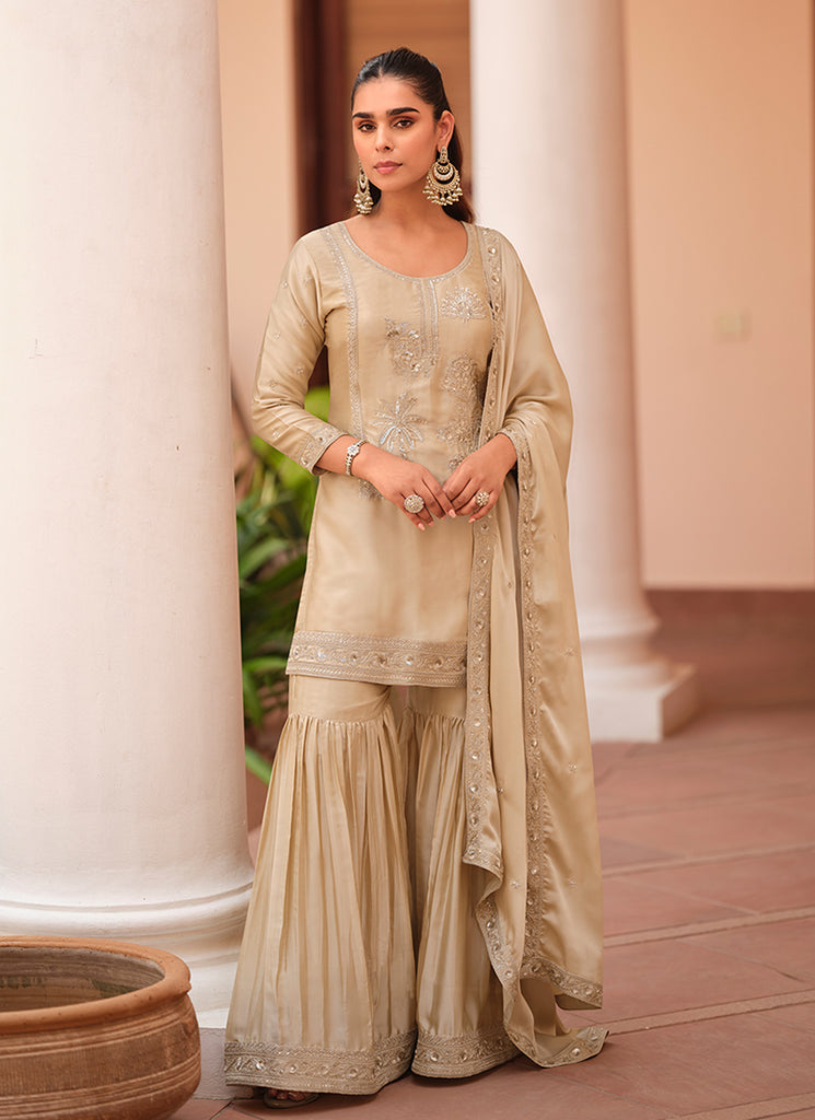 Beige Cording Embroidery Party Wear Gharara Suit
