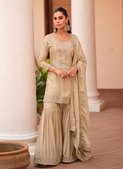 Beige Cording Embroidery Party Wear Gharara Suit