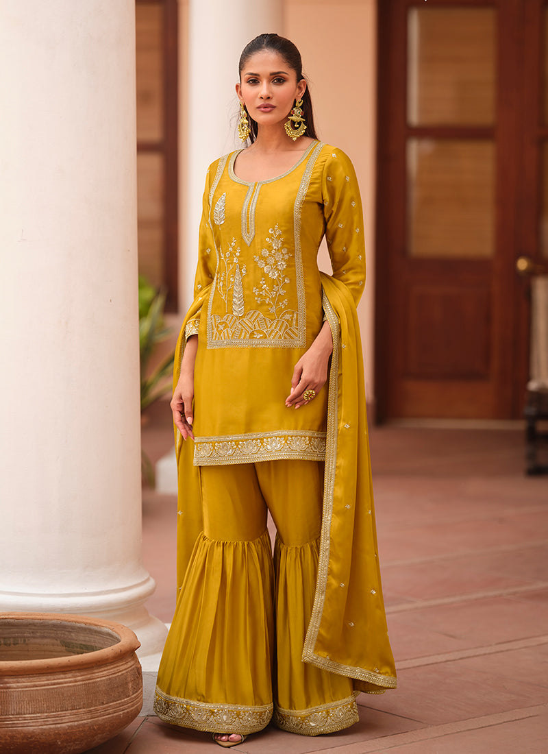 Yellow Cording Embroidery Party Wear Gharara Suit