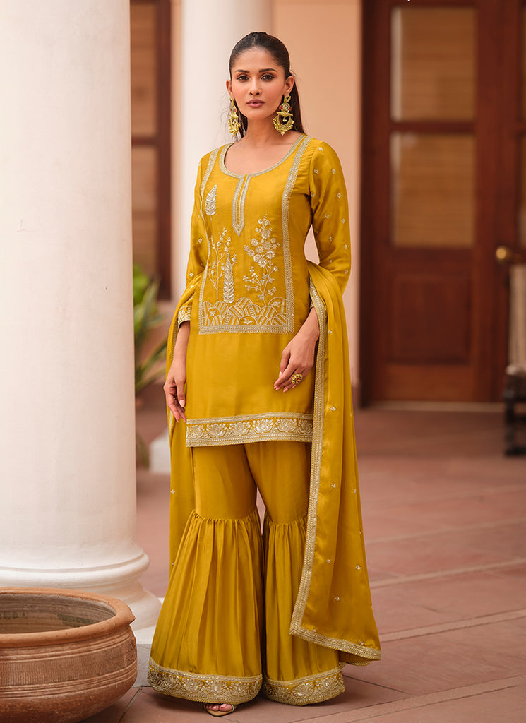 Yellow Cording Embroidery Party Wear Gharara Suit