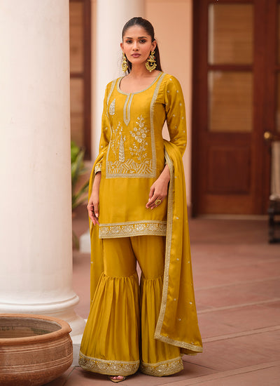 Yellow Cording Embroidery Party Wear Gharara Suit