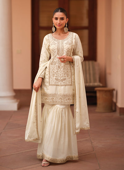 Off White Cording Embroidery Party Wear Gharara Suit
