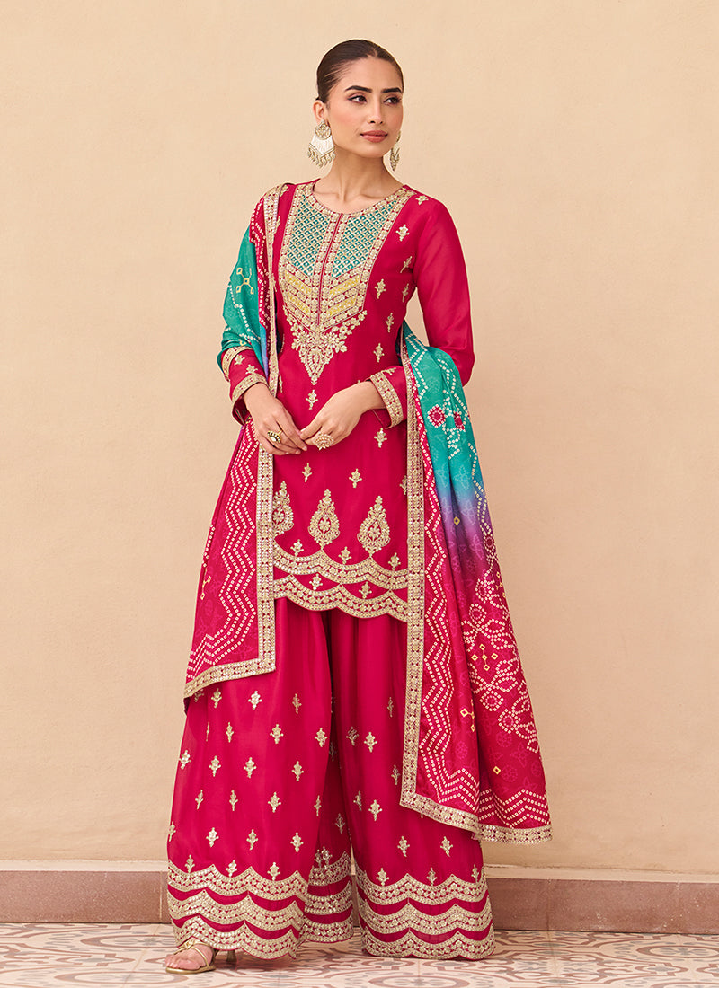 Magenta Pink Cording Embroidery Gharara Suit