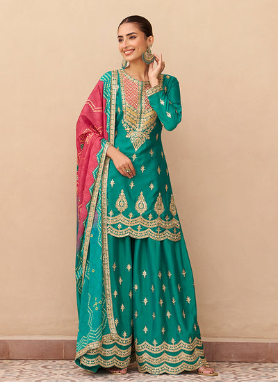 Teal And Pink Cording Embroidery Gharara Suit