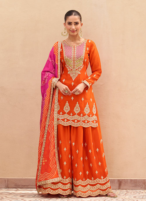 Orange And Pink Cording Embroidery Gharara Suit