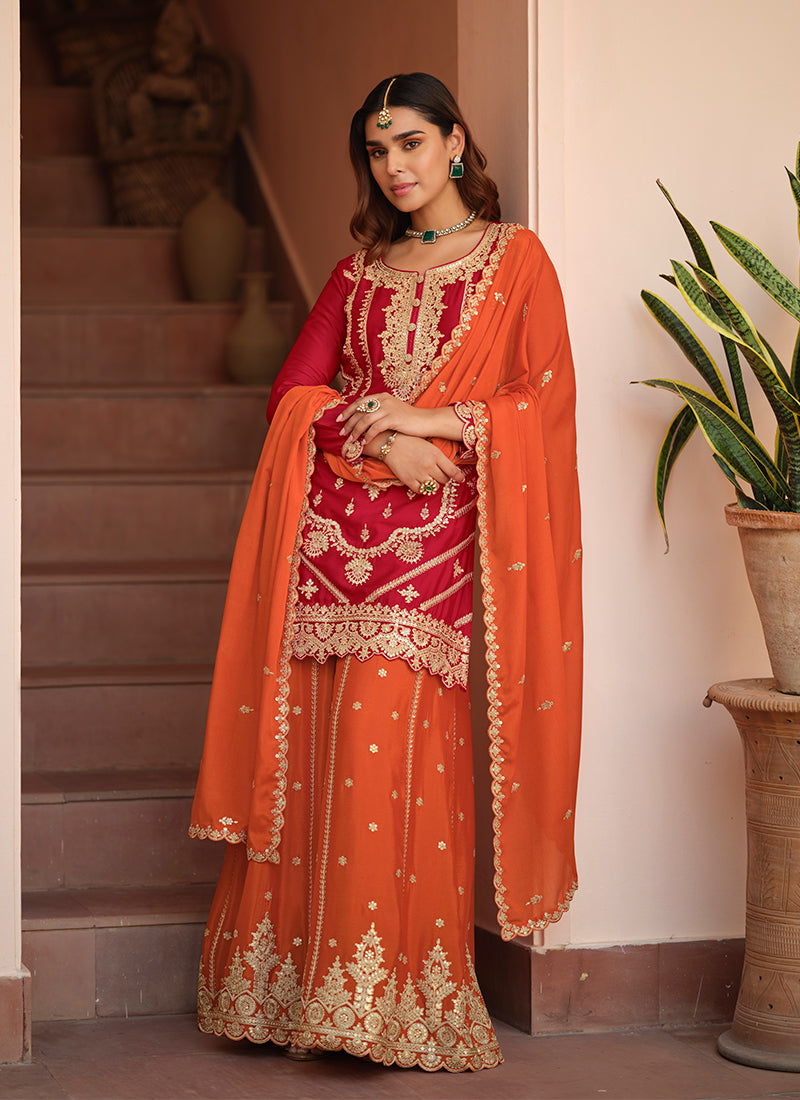 Red and Orange Embroidered Gharara Style Suit