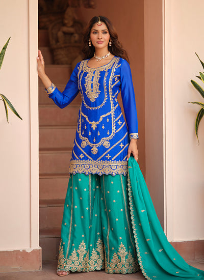 Royal Blue and Turquoise Embroidered Gharara Style Suit
