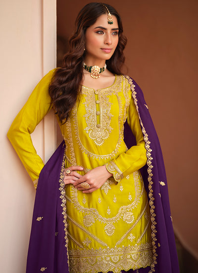 Yellow and Purple Embroidered Gharara Style Suit