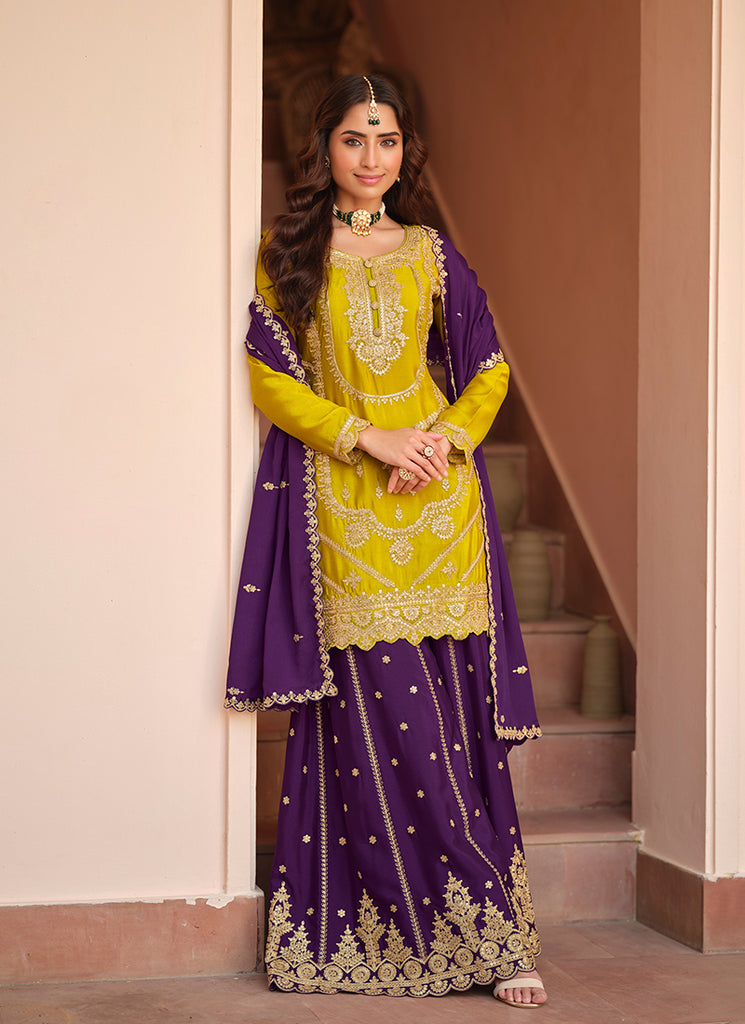 Yellow and Purple Embroidered Gharara Style Suit