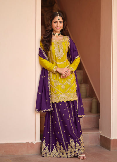 Yellow and Purple Embroidered Gharara Style Suit