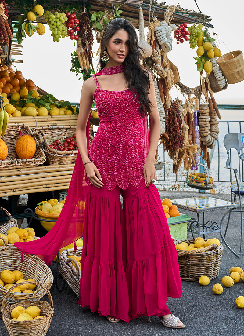 Magenta Pink Embroidery Georgette Gharara Suit
