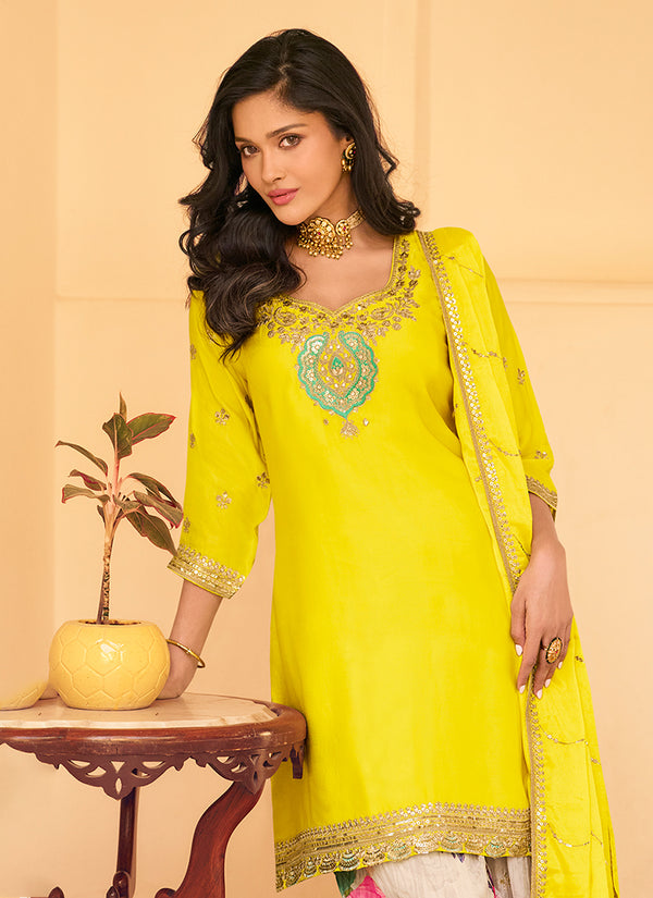 Yellow Embroidered Festive Wear Gharara Suit