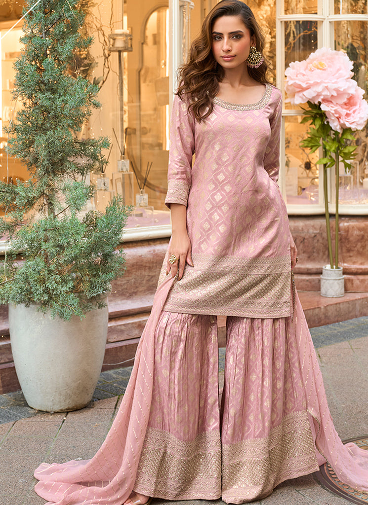 Buy Light Pink Embroidery Party Wear Gharara Suit Online | Hatkay Buy Light Pink Embroidery Party Wear Gharara Suit Online | Hatkay