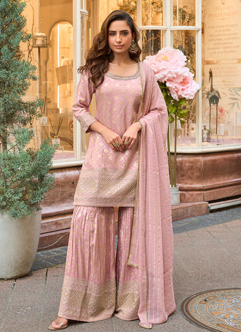 Light Pink Embroidery Party Wear Gharara Suit