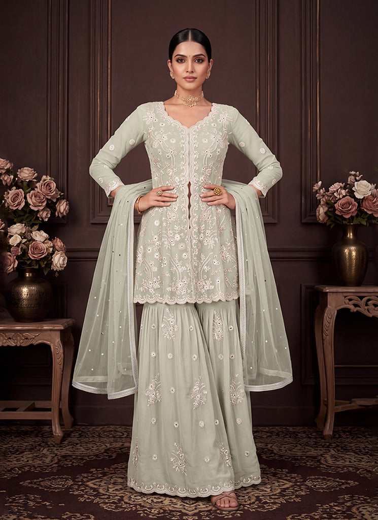 Sage Green Embroidered Georgette Peplum Gharara Suit