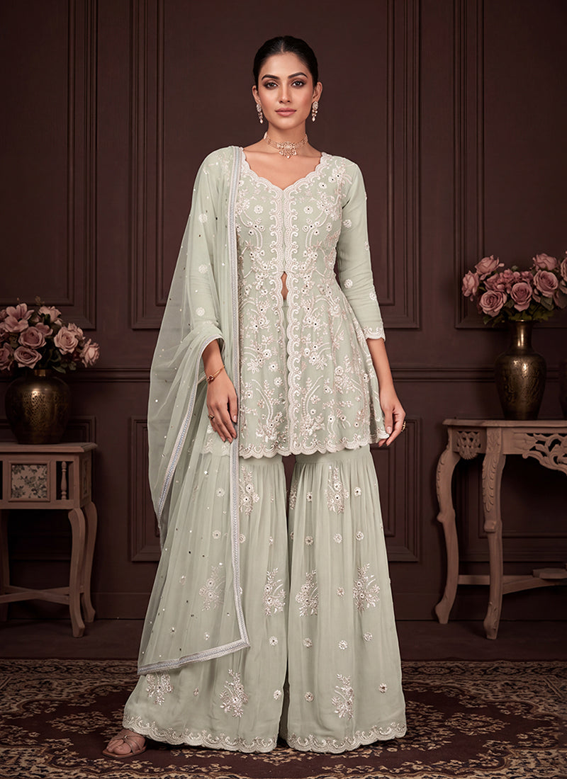 Sage Green Embroidered Georgette Peplum Gharara Suit