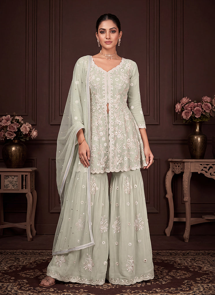 Sage Green Embroidered Georgette Peplum Gharara Suit
