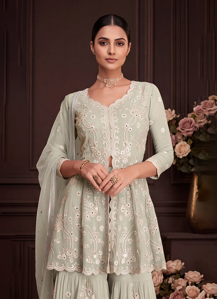 Sage Green Embroidered Georgette Peplum Gharara Suit