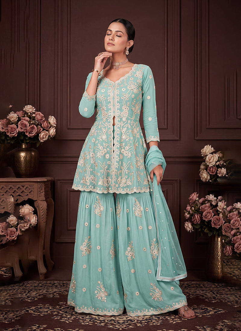 Teal Blue Embroidered Georgette Peplum Gharara Suit