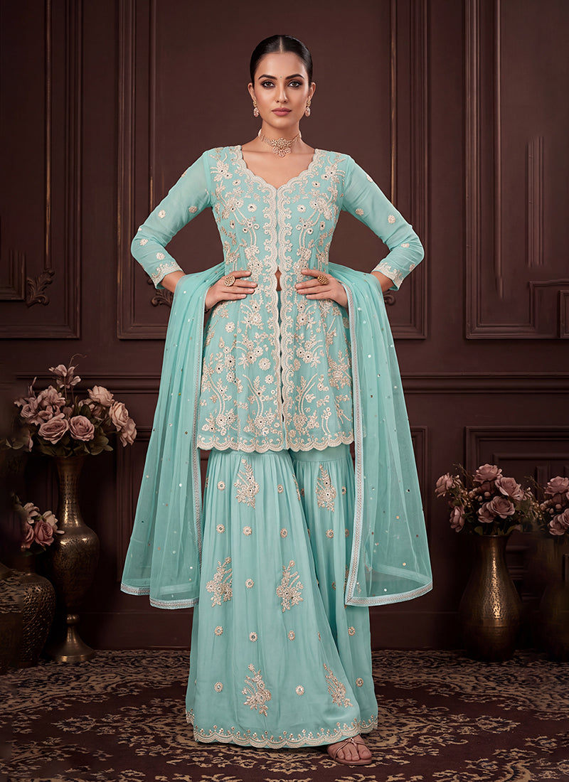 Teal Blue Embroidered Georgette Peplum Gharara Suit