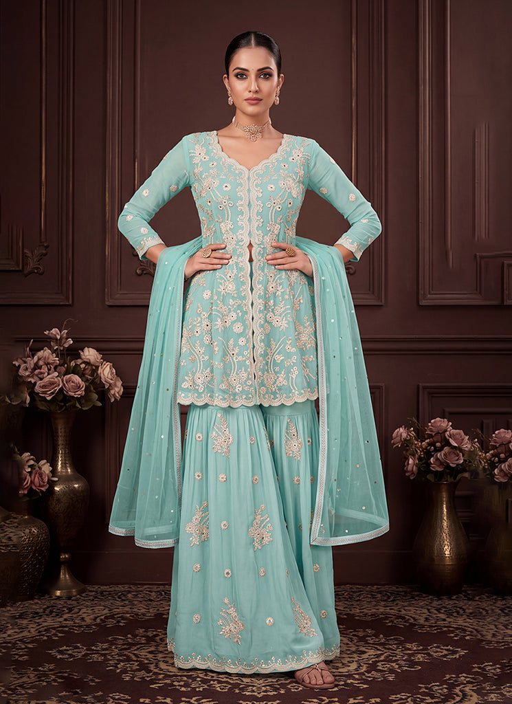 Teal Blue Embroidered Georgette Peplum Gharara Suit