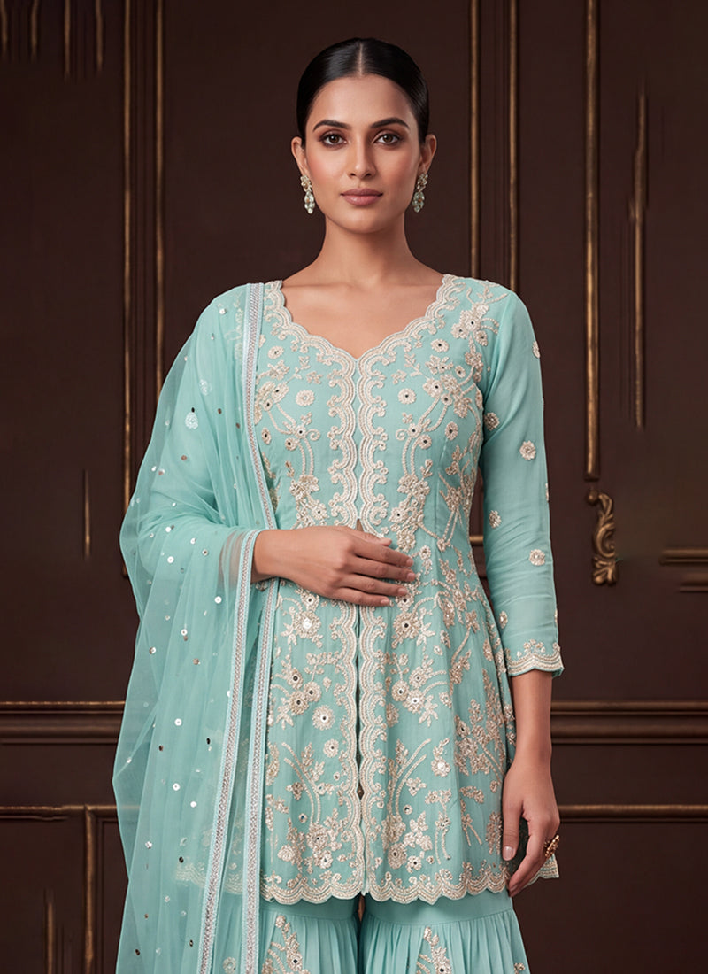Teal Blue Embroidered Georgette Peplum Gharara Suit