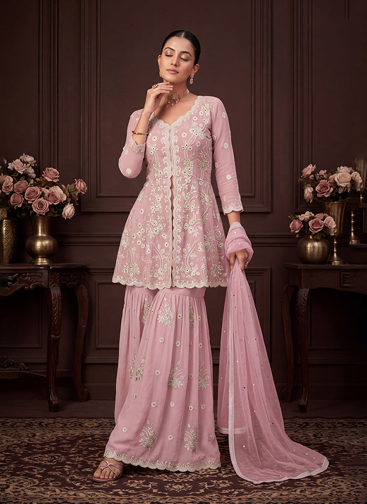 Light Pink Embroidered Georgette Peplum Gharara Suit