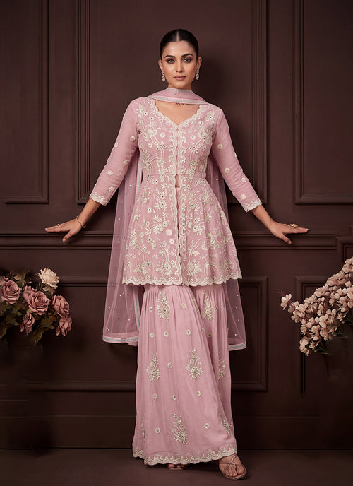 Light Pink Embroidered Georgette Peplum Gharara Suit