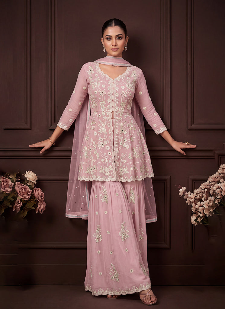 Light Pink Embroidered Georgette Peplum Gharara Suit