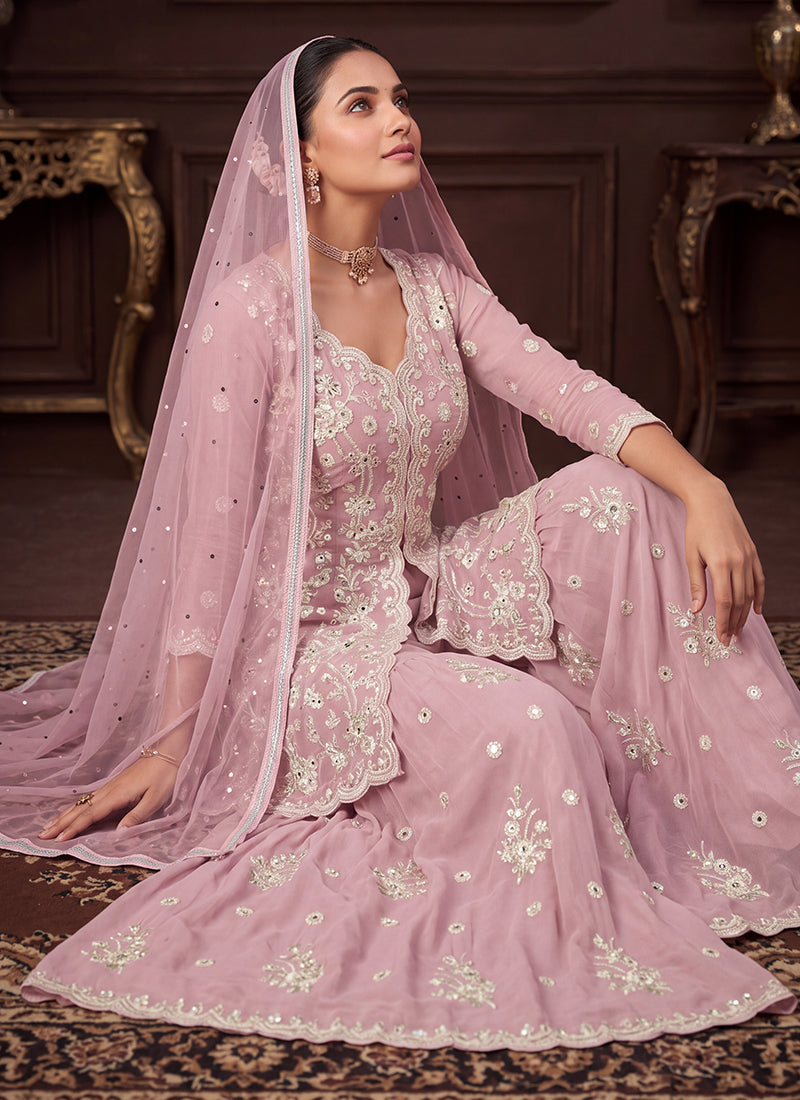 Light Pink Embroidered Georgette Peplum Gharara Suit