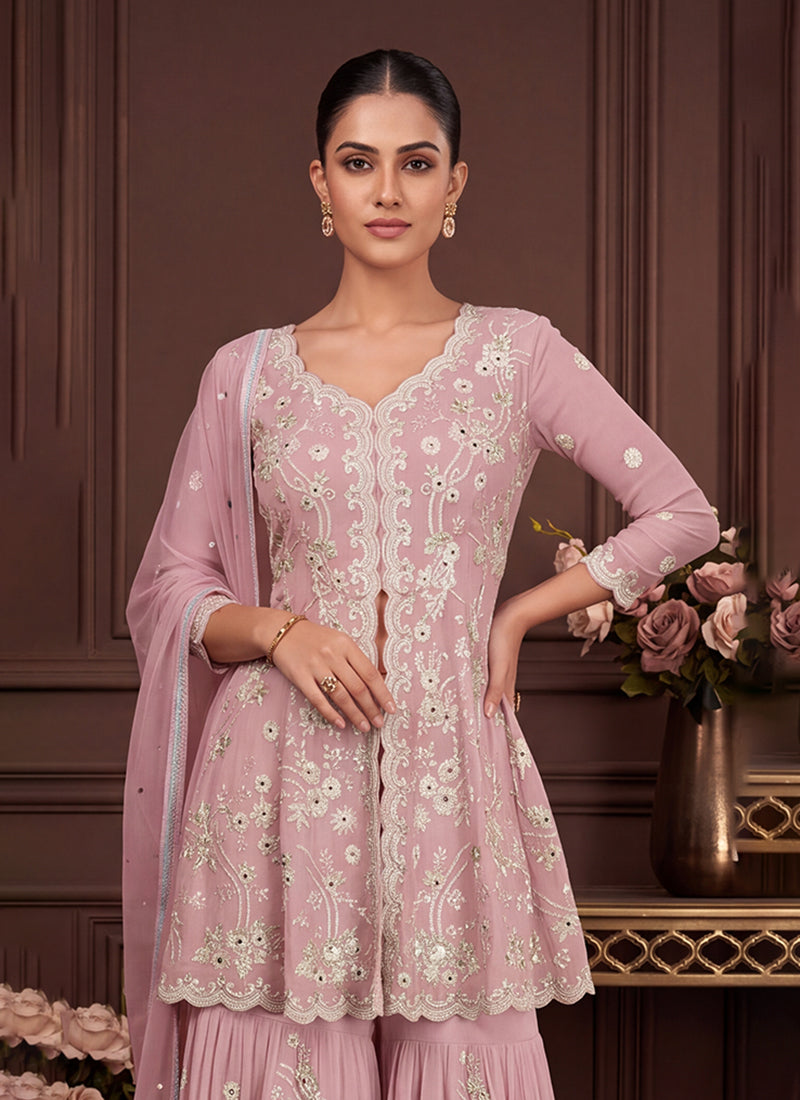 Light Pink Embroidered Georgette Peplum Gharara Suit